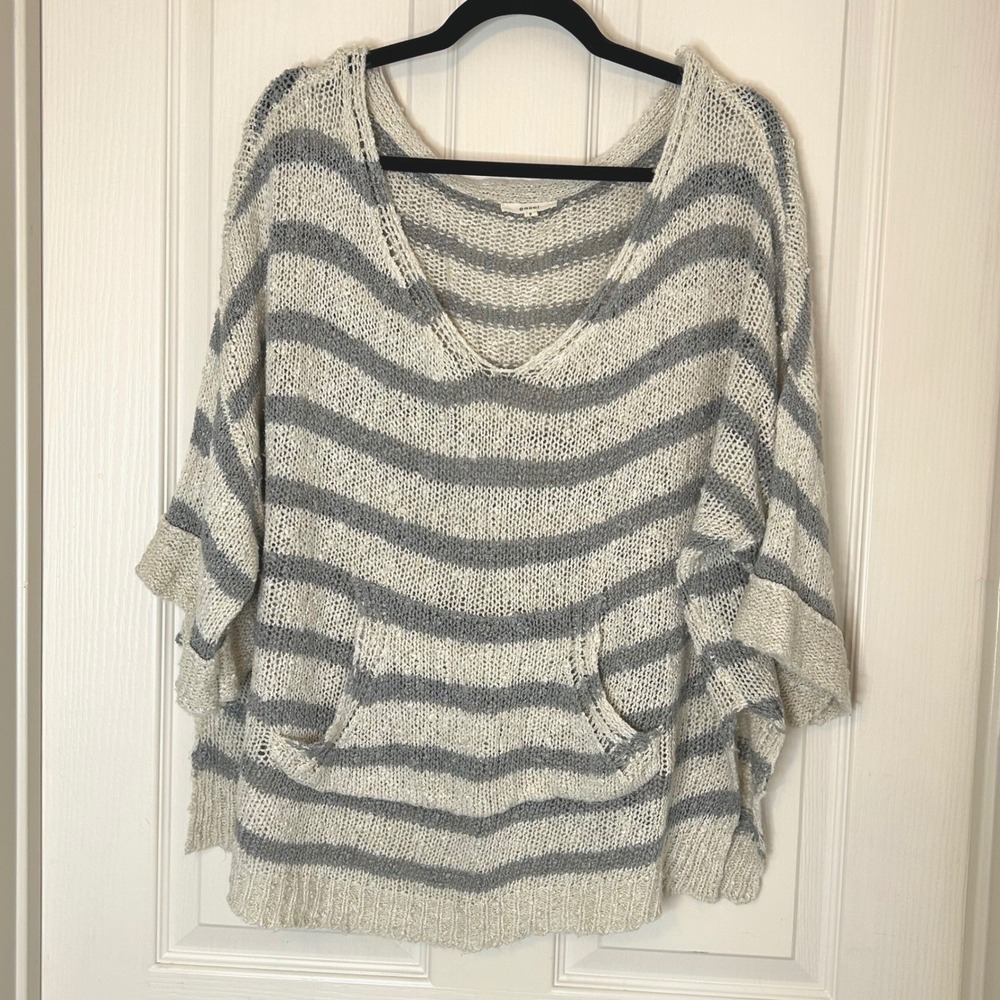 Easel Striped V Neck Sweater Poncho Knit Pockets Size S Oversized Fisherman